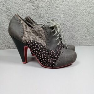 Hot Tomato Grey Tweed Floral Lace Up Oxford Heels Pink Sole Size 7M